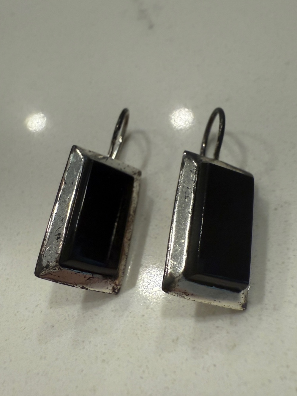 Black Rectangular Sterling Stone Drop Earrings